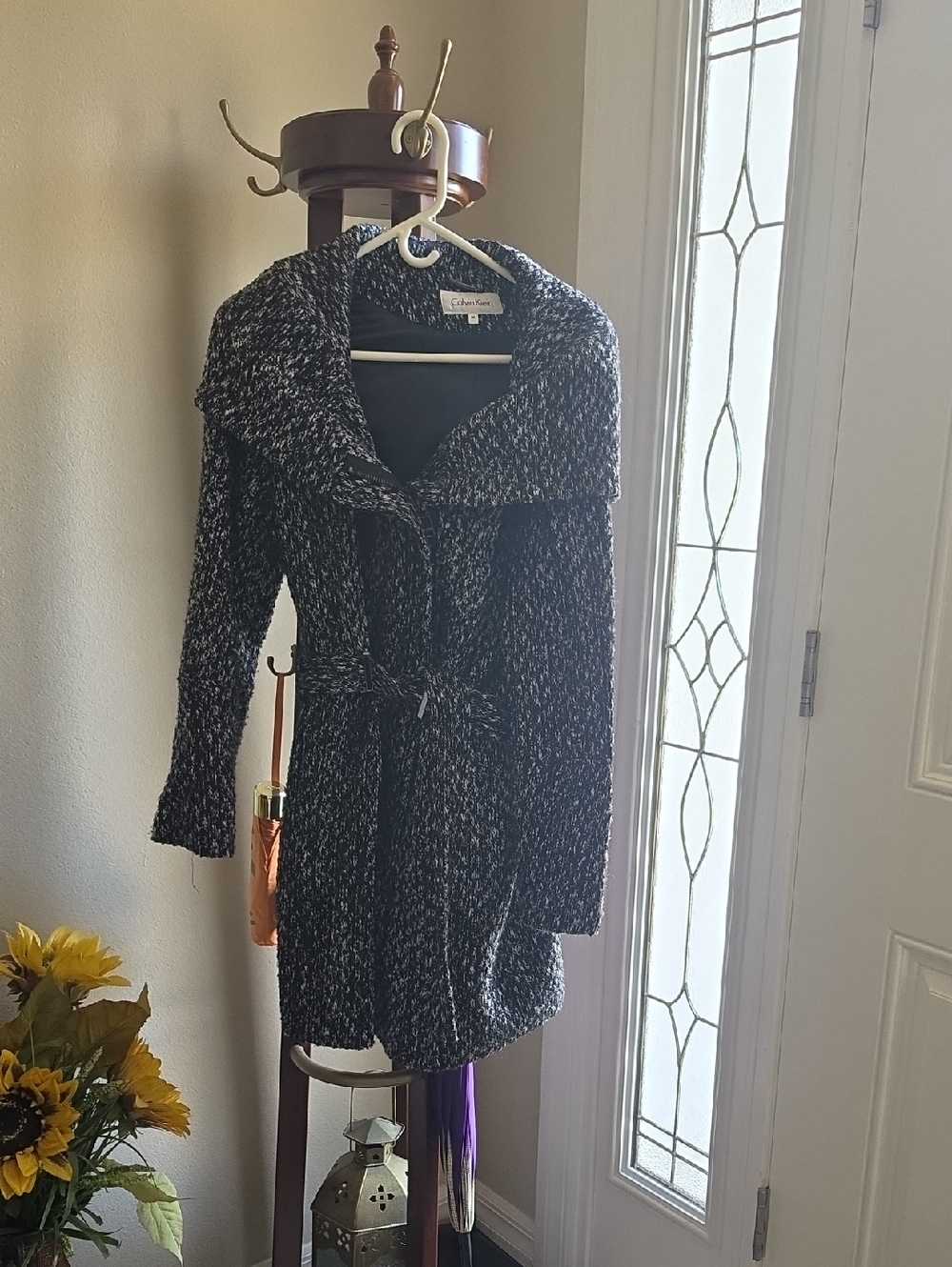 Calvin Klein Black & White Belted Long Sleeve Wool Blend Coat